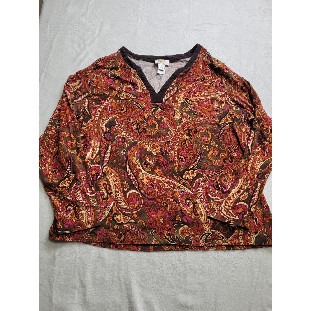 Talbots Paisley V-Neck Top Womens 3X Brown Multi Long Sleeve Knit